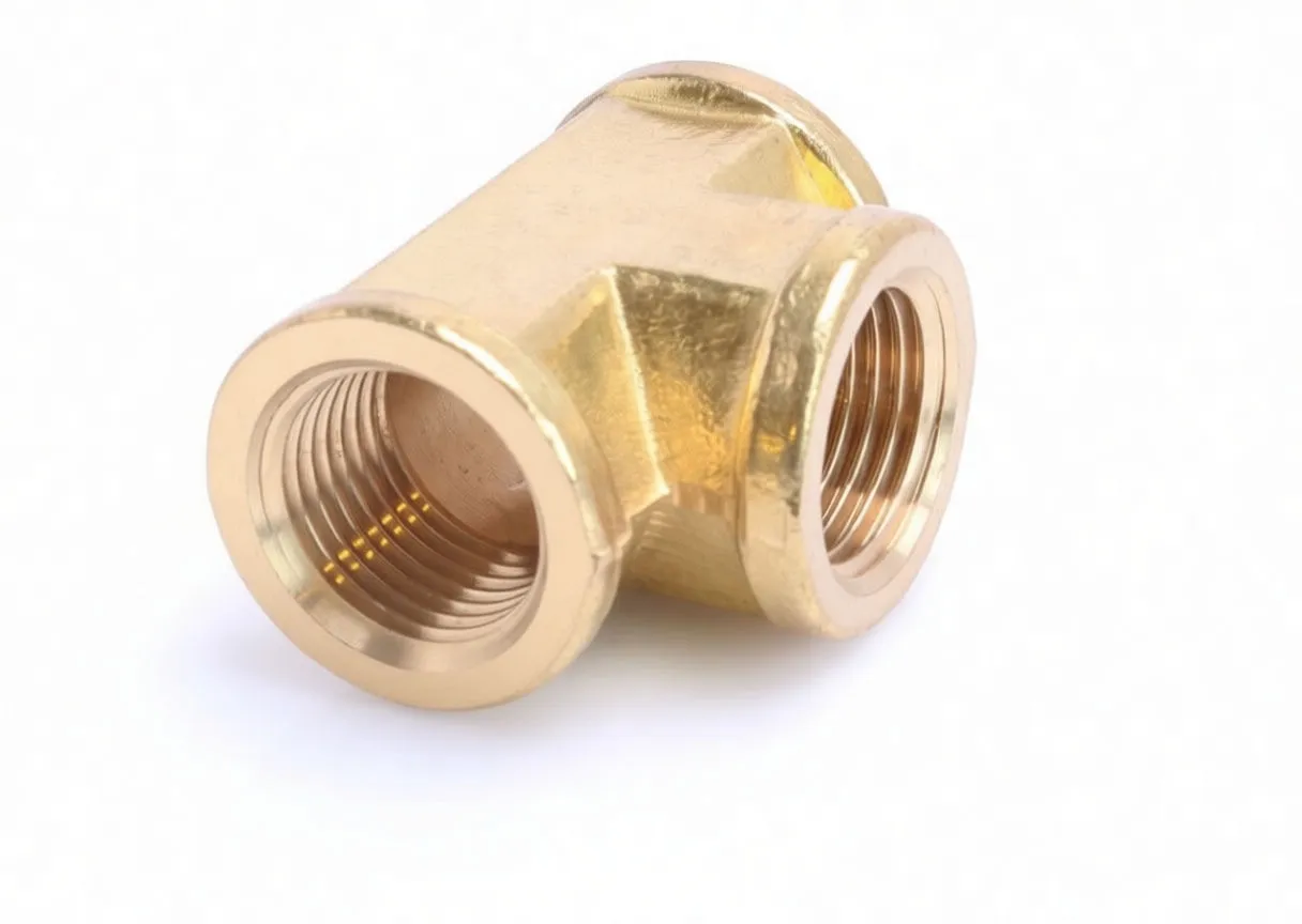 Angled close-up of a brass tee fitting highlighting two female threaded ports and hex flats on the body.