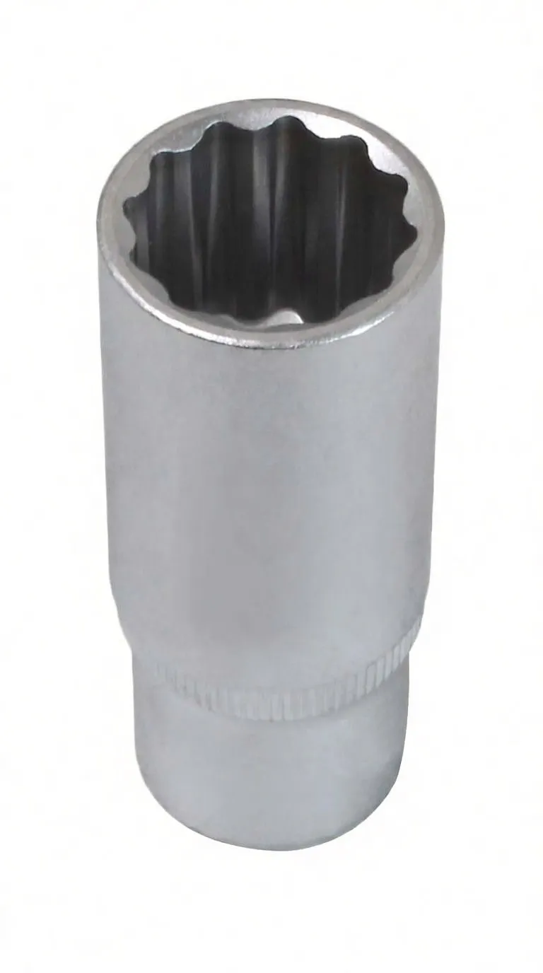 Perspective shot of a long 12-point socket showing the 12-point internal end, knurled band, and embossed logo