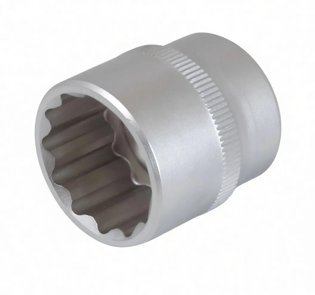 Perspective view of the socket interior showing 12-point profile and external knurled band with logo.