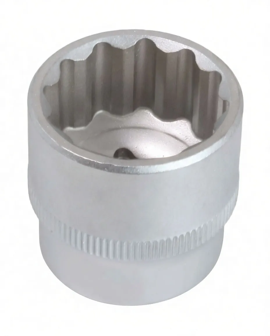 Top view into a short 12-point socket showing 12-point interior, detent hole, knurled band and embossed logo.