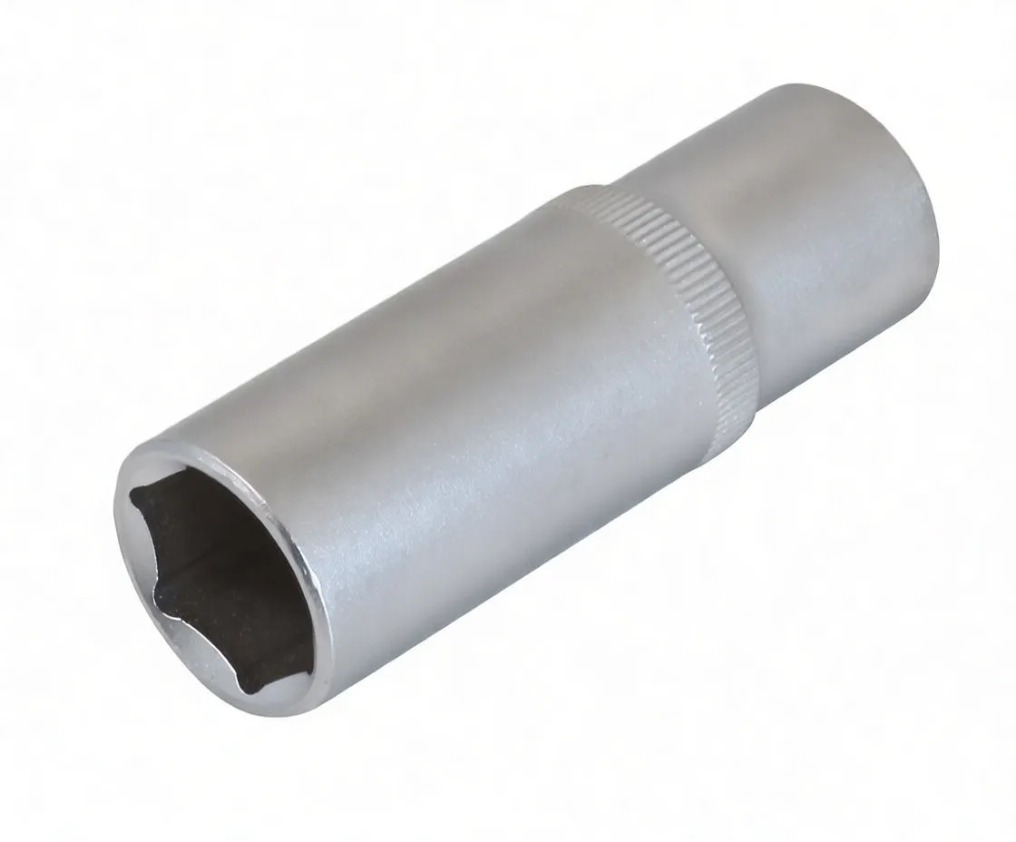 Angled close-up of a long socket showing square drive recess, 6-point interior, knurled band and embossed logo on a matte chrome finish.