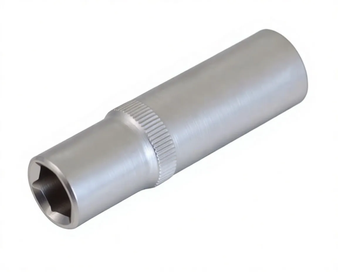 perspective view of long six-point socket showing hex recess, knurled band, and drive end marking