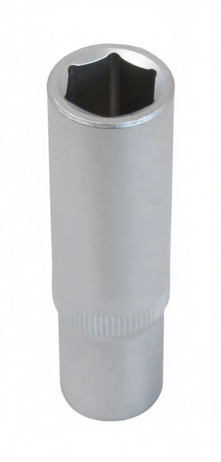 Top-down view of a long 6-point socket standing upright, showing internal hex profile, knurled band and embossed logo