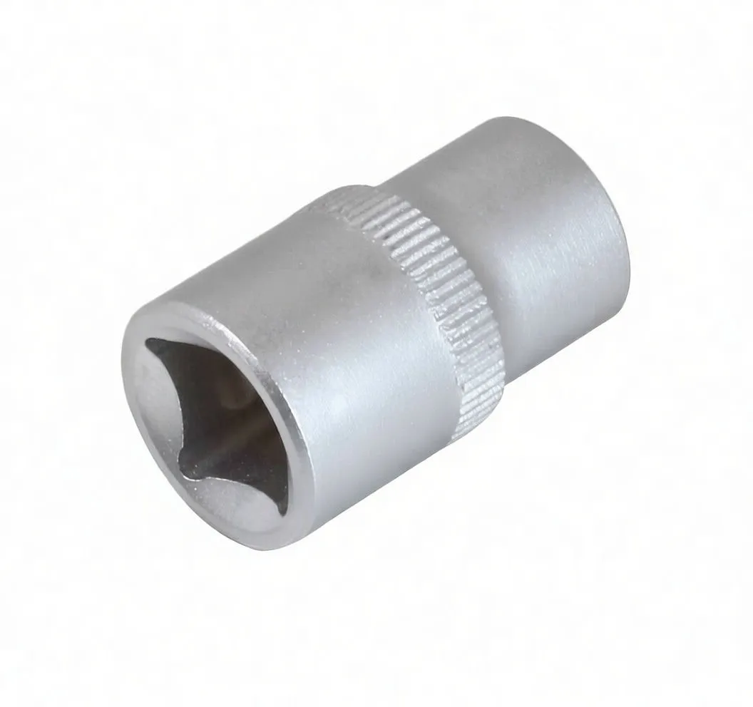 Oblique view of 3/8 inch 6-point socket with visible logo and size marking
