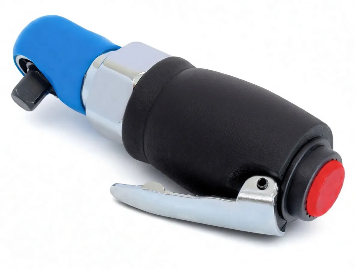 Angled shot of ratchet wrench with bit installed, showing blue head, chrome collar, black ASTA body, silver lever and red end cap