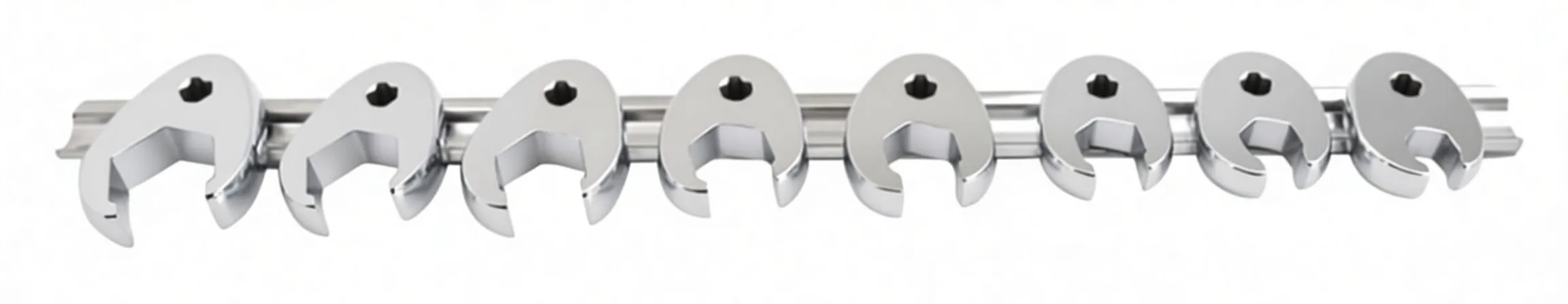 Front view of a full set of polished crowfoot flare nut wrenches lined up on a metal rail, showing open jaws and square drive openings.
