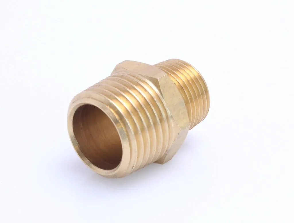 Studio photo of brass hex nipple with large open bore visible, smaller threaded end and hex flats
