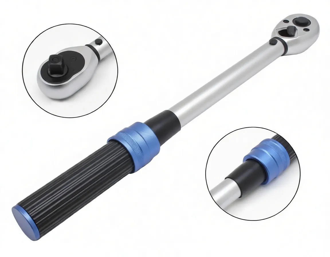 Full-length torque wrench on white background showing black ribbed handle, blue locking ring and graduated torque scale