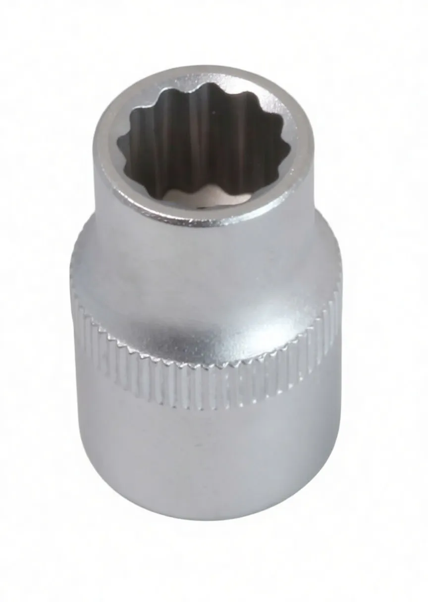 top view of a short silver 12-point socket showing internal 12-point profile, knurled band, and side logo