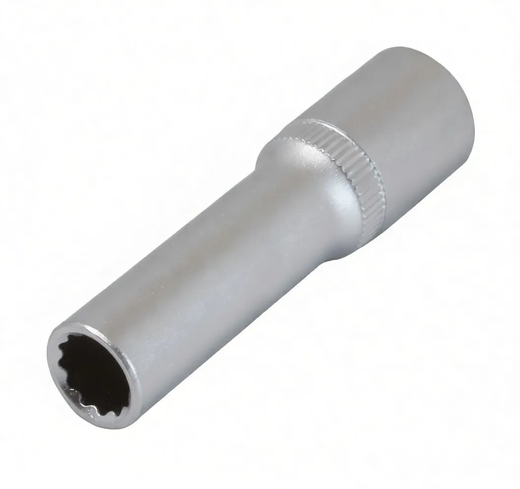 Vertical view of long 12-point deep socket showing 12-point opening, shaft and knurled grip