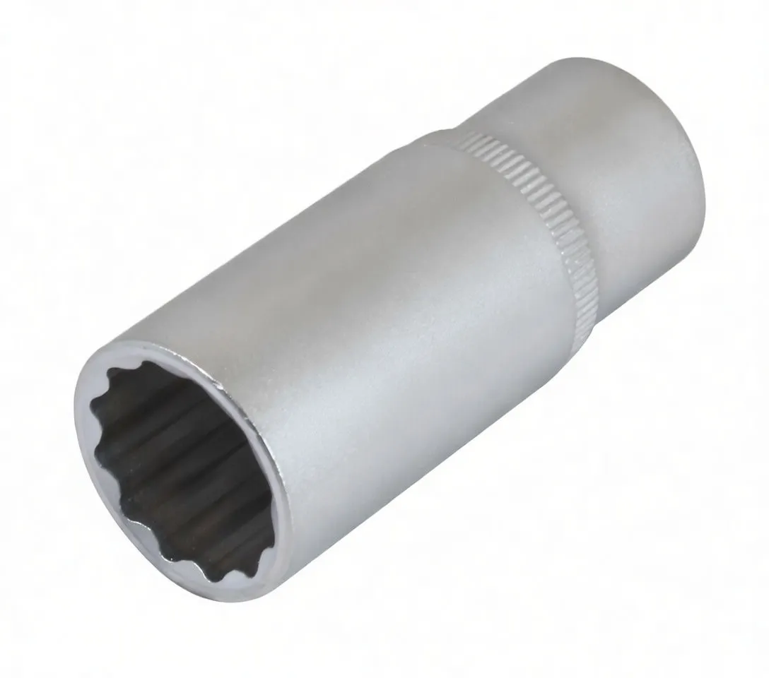Side perspective of a long 12-point socket showing internal 12-point profile and knurled band