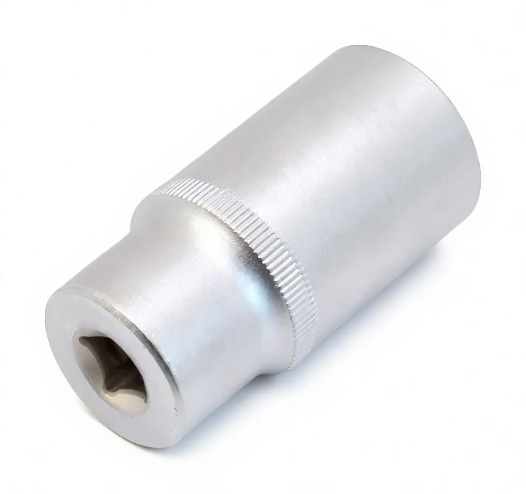 Perspective view of 23mm long socket showing square 3/8" drive recess and stamped size marking