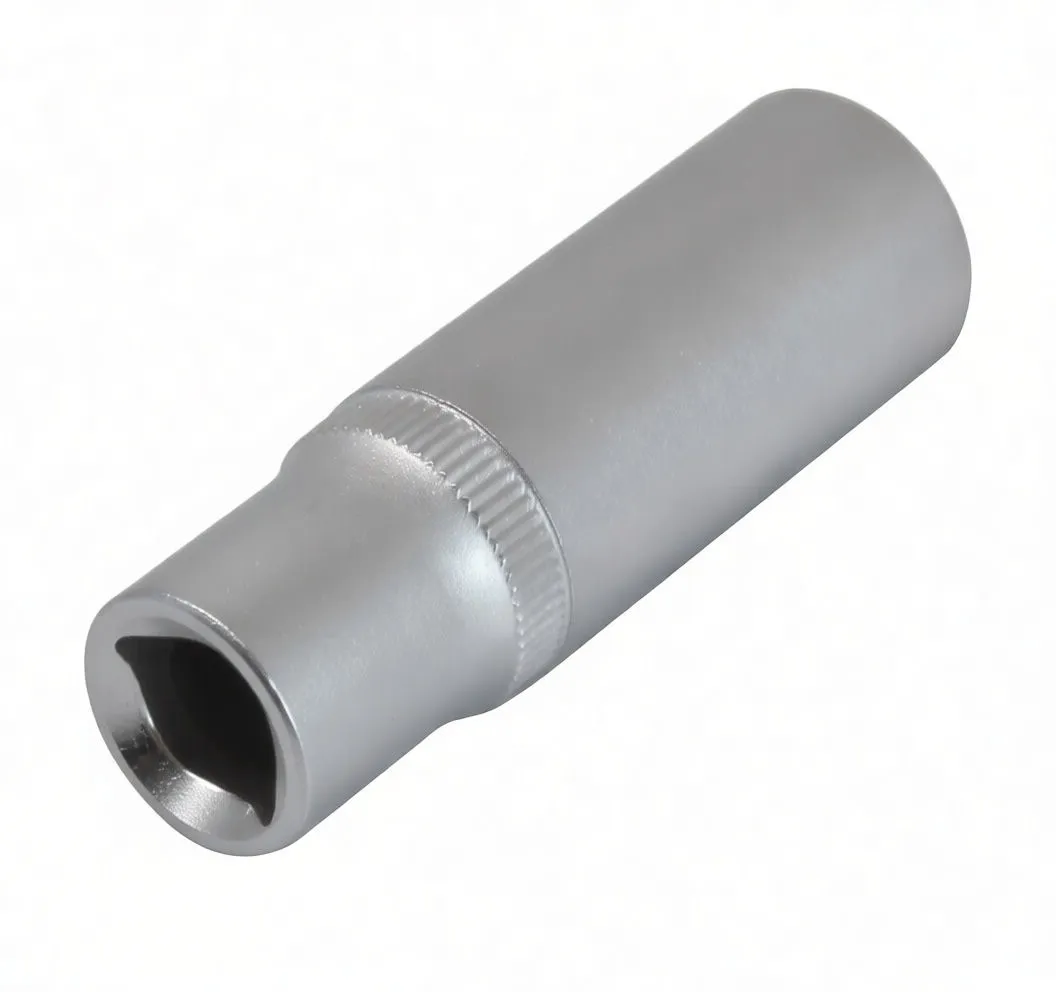 Top view into a long deep socket showing 12‑point internal profile and smooth silver exterior