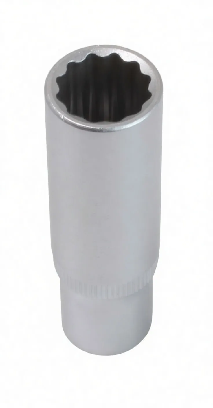 Diagonal view of a long cylindrical 12-point socket with knurled grip and stamped logo near drive end
