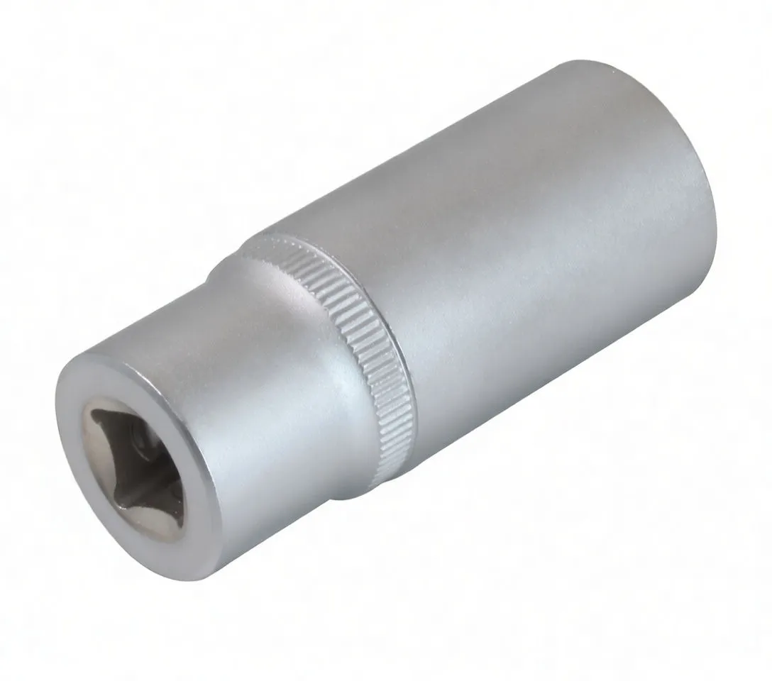 Vertical top-down view of a long 12-point socket showing internal lobes, knurled ring and brand stamp