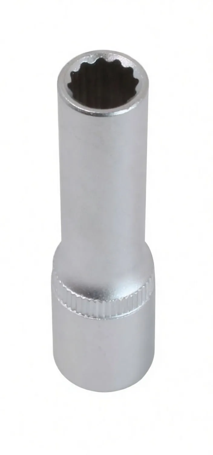 Perspective of the socket showing the 3/8-inch square drive recess, knurled grip ring, embossed markings and long cylindrical shank.