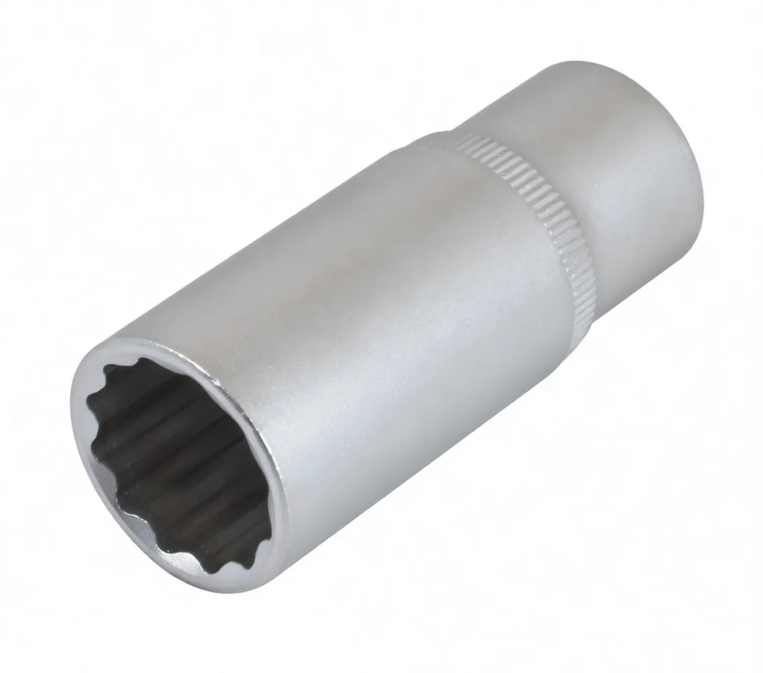 three-quarter view of a long socket showing square drive recess, knurled ring and brand marking