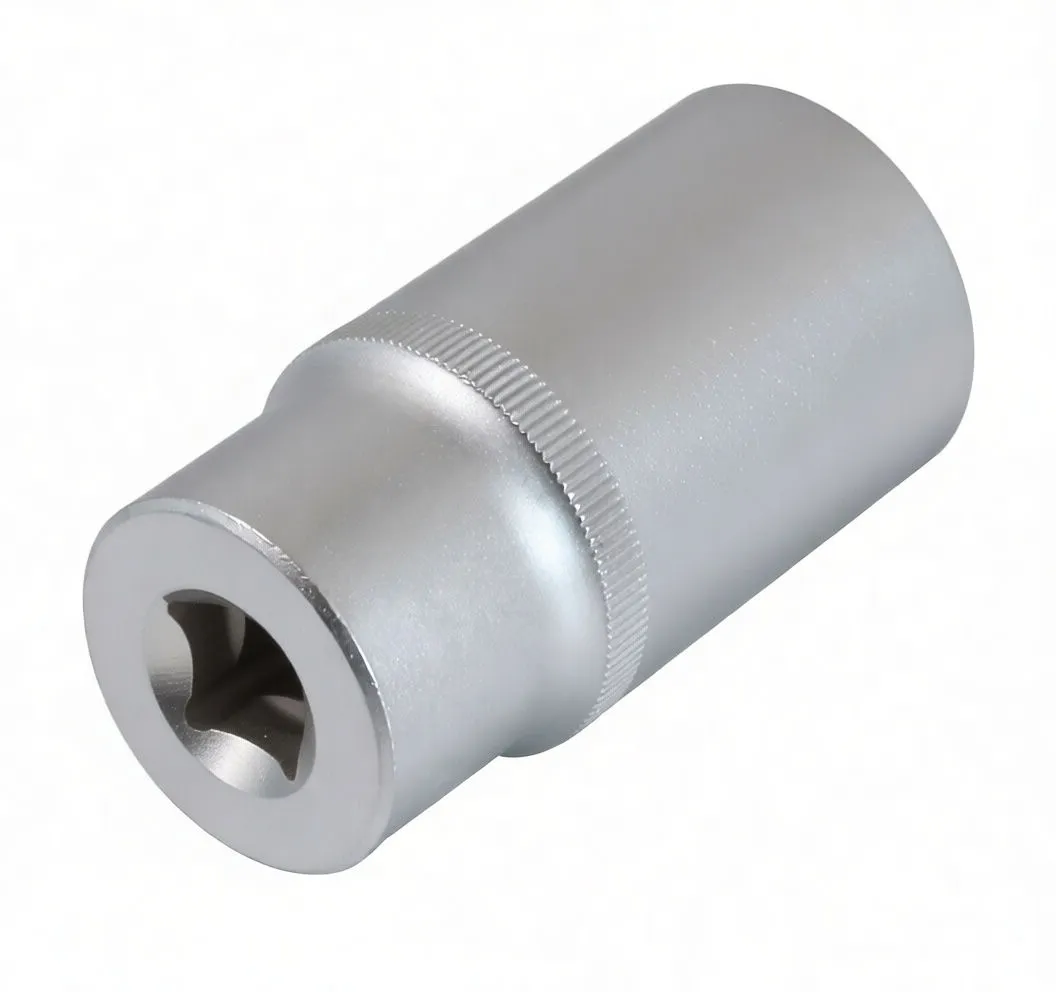 Oblique view of deep 12-point socket showing internal 12-point splines, long cylindrical body and knurled ring