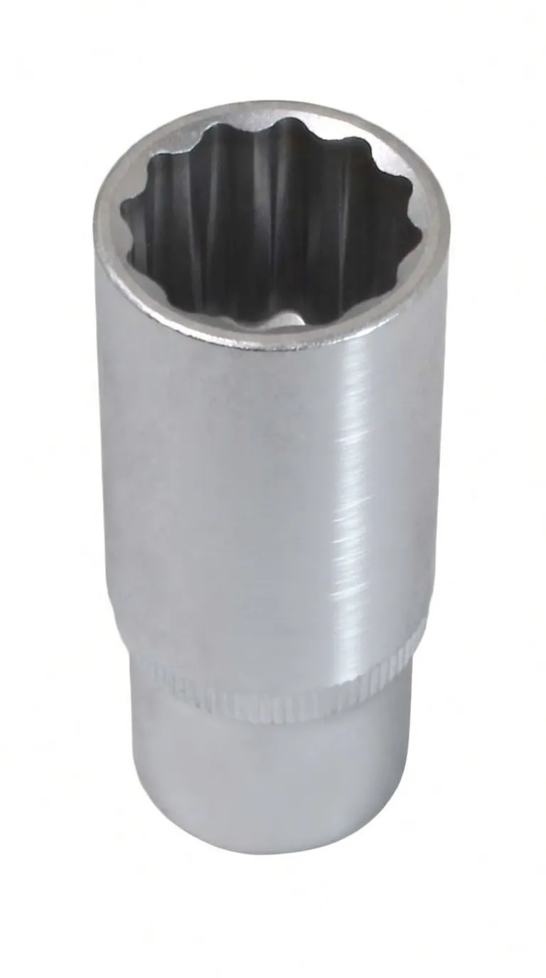 Top-down image into a deep 12-point socket showing internal lobes, knurled band and embossed brand on the shank