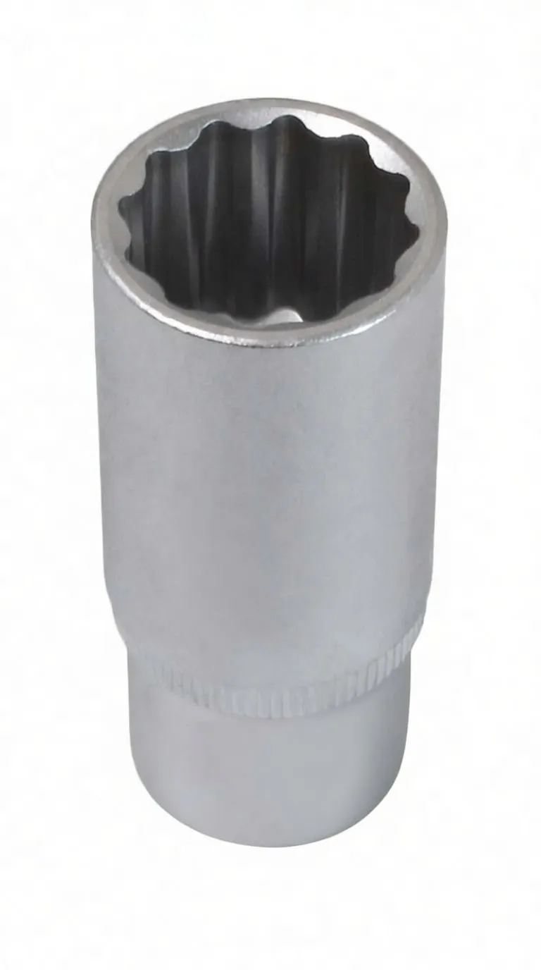Top-down view into a long deep 12-point socket showing internal 12-point profile and knurled band