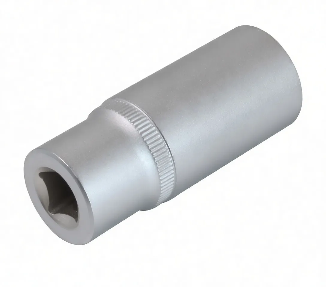 Angled view of socket showing 3/8-inch square drive recess, knurling and stamped logo on outer body