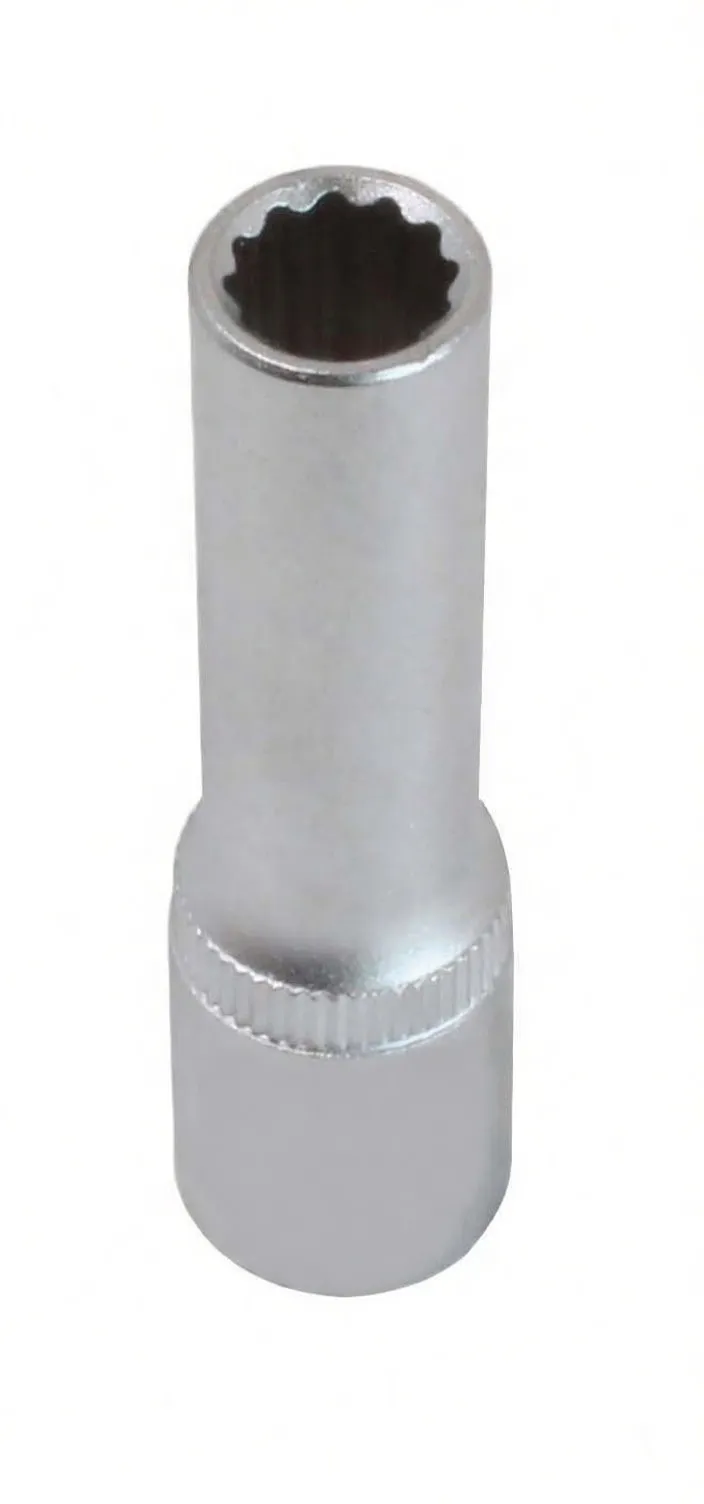 Top-down view of a long 12-point deep socket standing upright, showing the 12-point opening, long shaft, knurled ring and embossed logo.