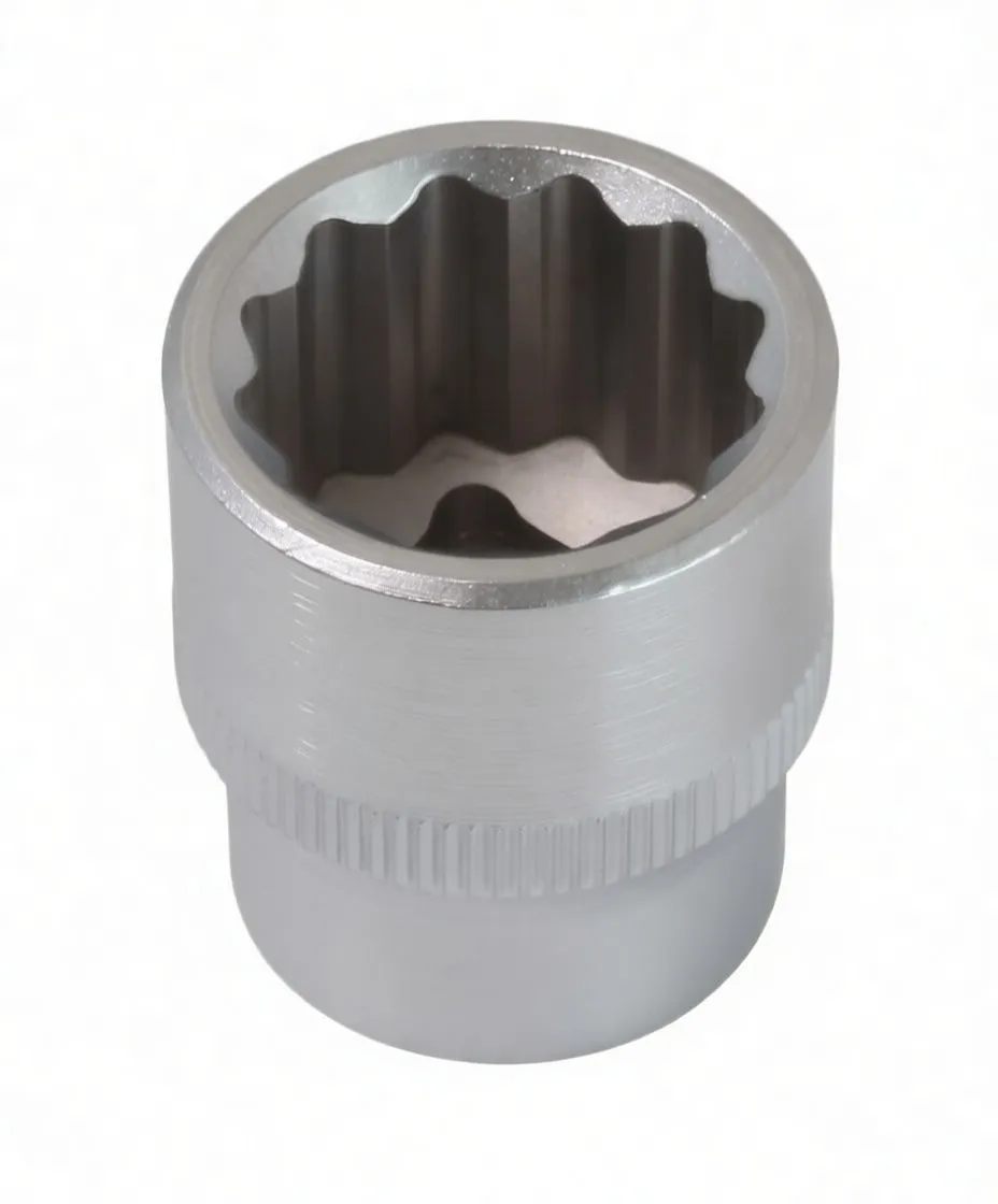 Top view showing 12-point internal profile and knurled exterior of a short 3/8-inch socket