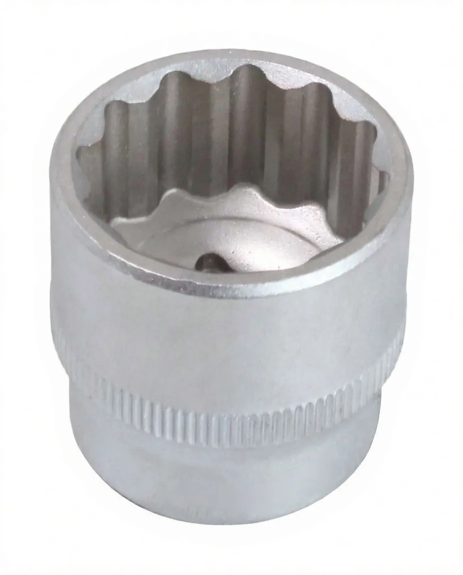 Top view of a short 12-point socket showing interior lobes, detent ball hole and embossed logo on the side.