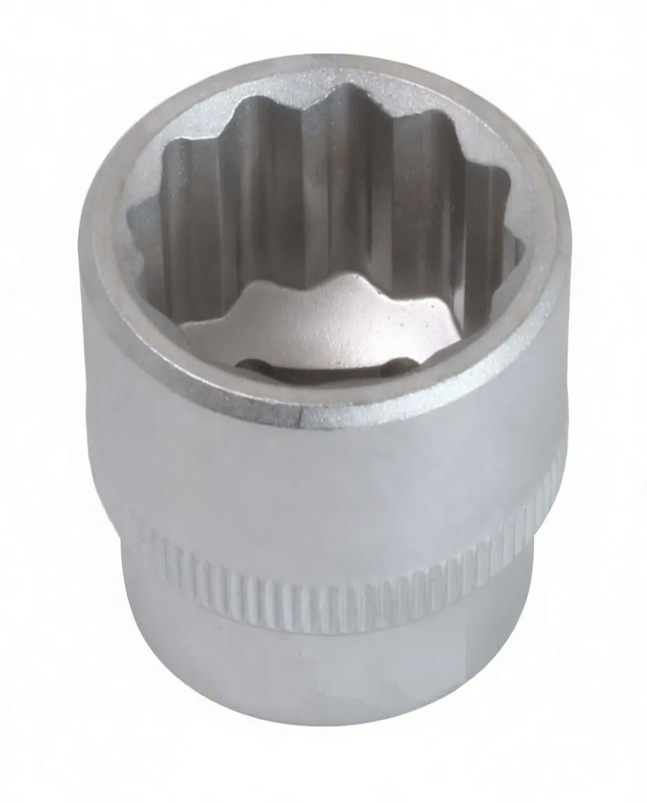 Top view into a 12-point socket showing internal lobed profile and knurled exterior band