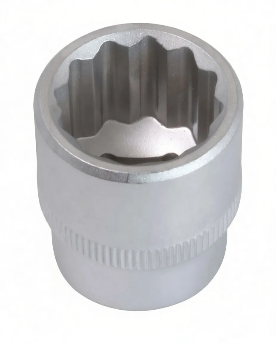 Top view into a short 12-point socket showing twelve internal lobes and knurled exterior band