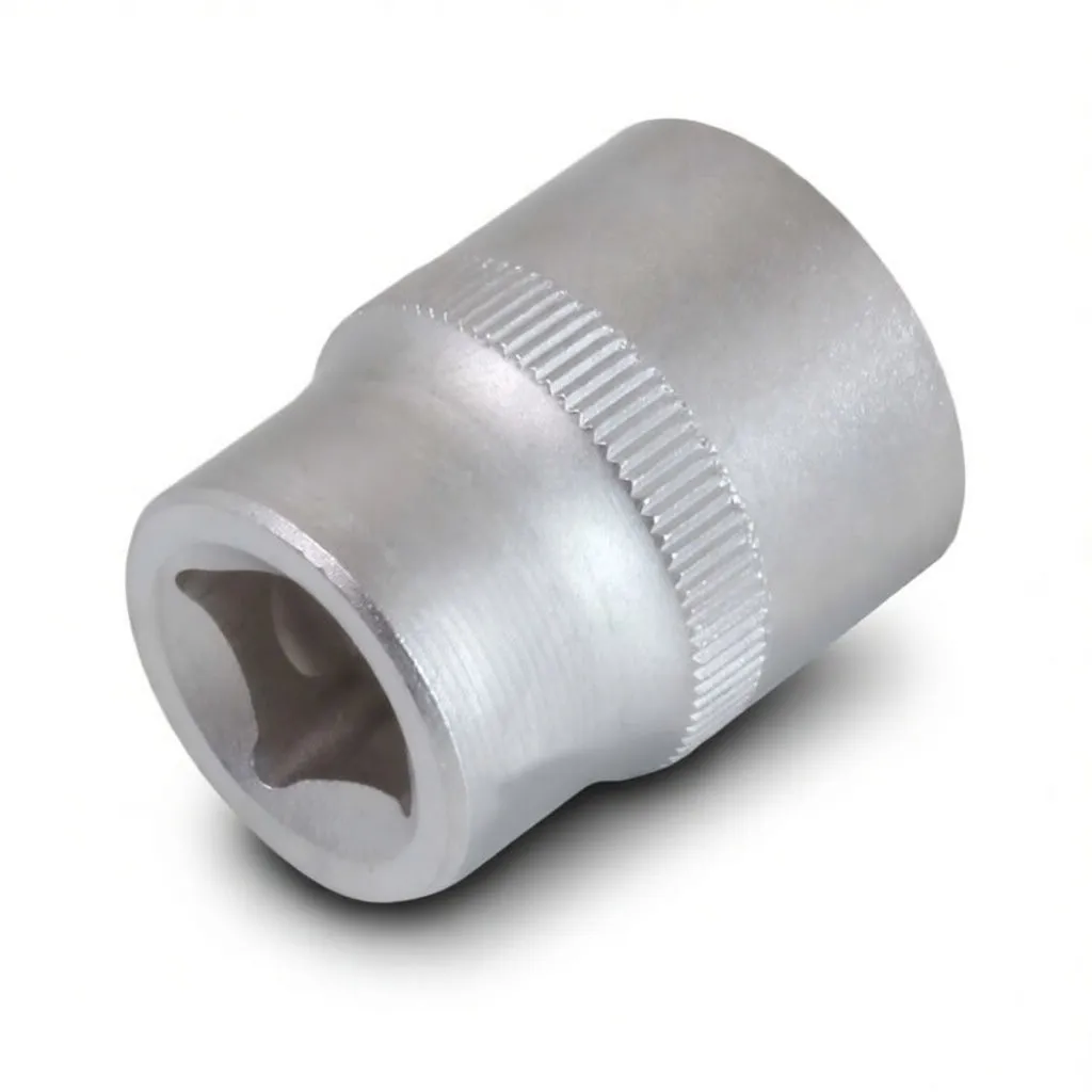 Open-end view of a short silver 12-point socket showing internal 12-point profile and knurled grip