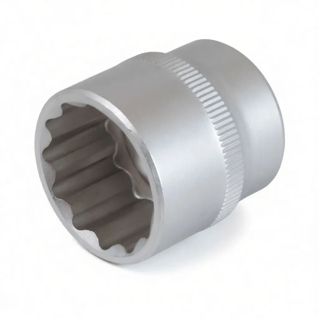 Top view into a short 12-point socket showing internal profile and detent hole with knurled outer band