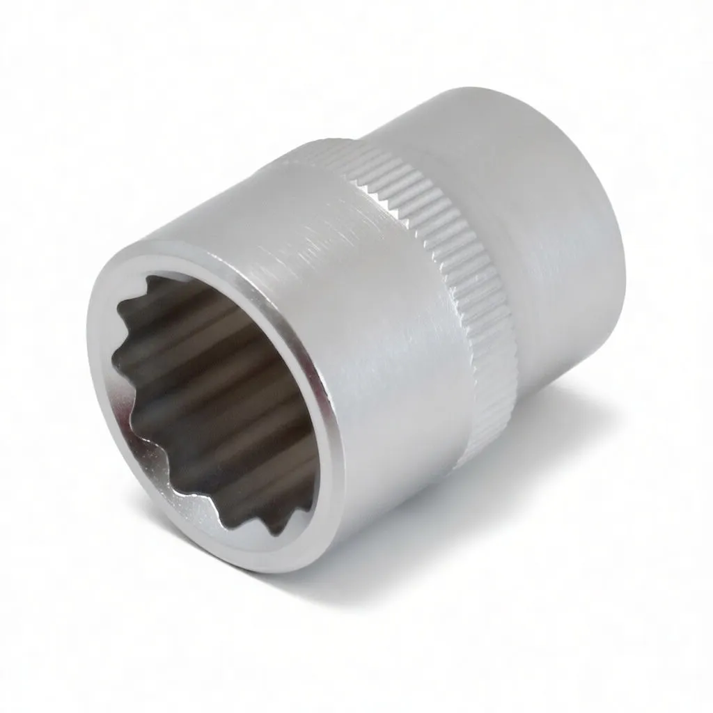 Three‑quarter view showing 12‑point socket interior, knurling and raised logo on the side
