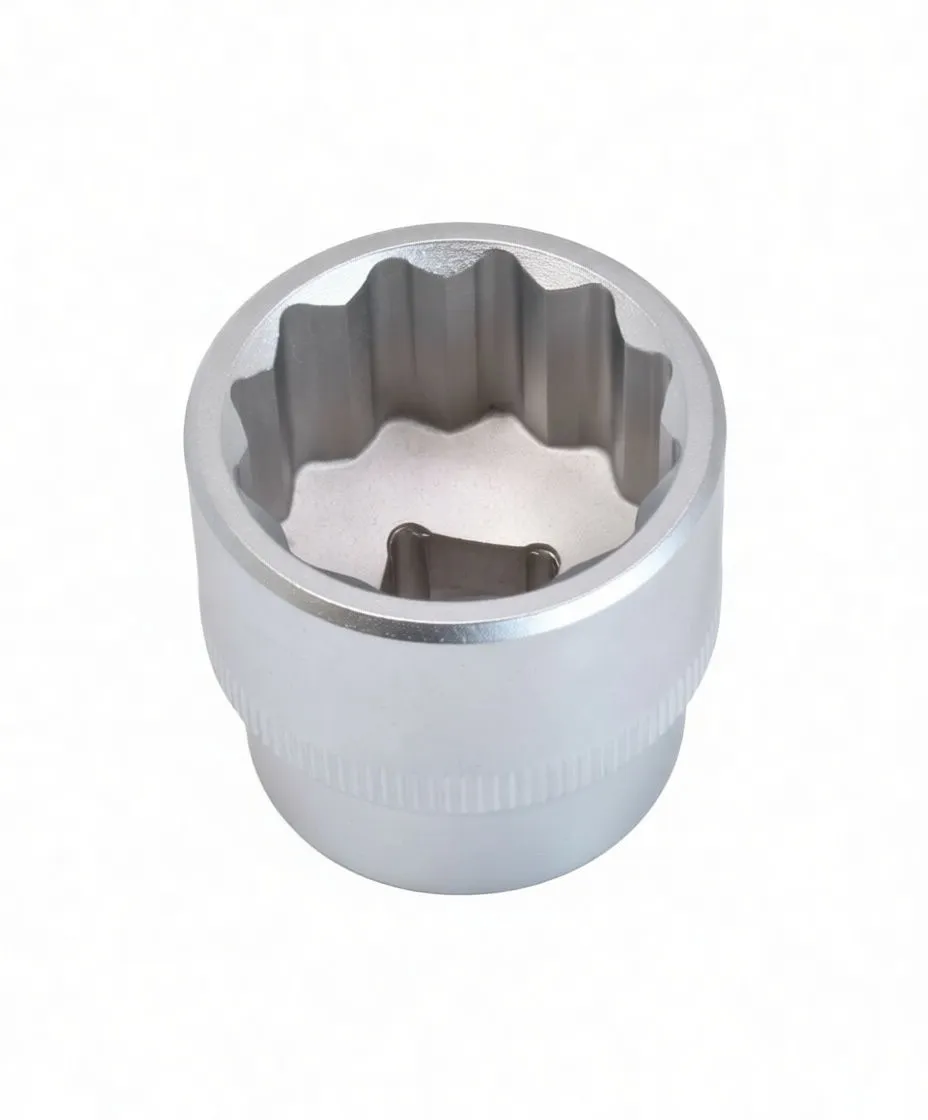 Oblique view into 12-point interior of short socket with knurled band