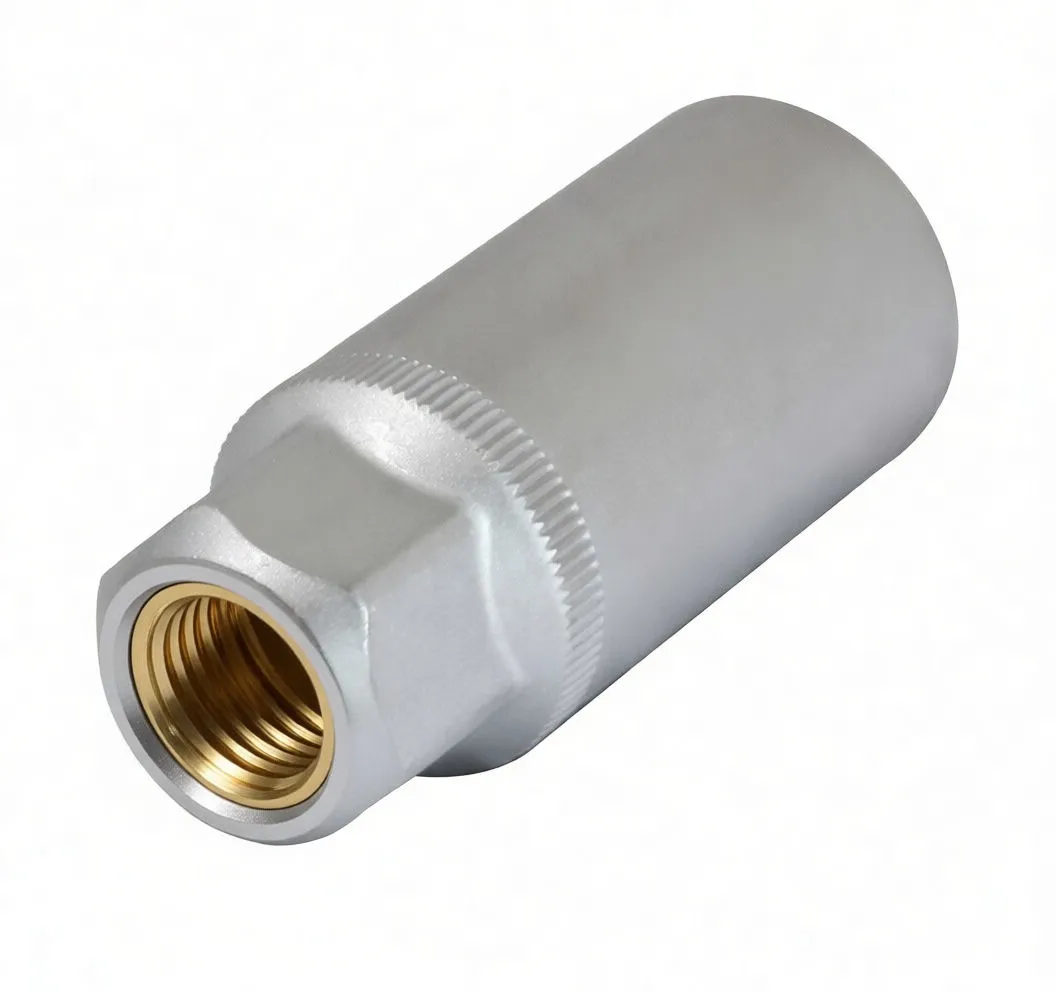 Side view into the open end of a silver spark plug socket revealing a brass-colored retaining ring and six-lobed internal hex profile.