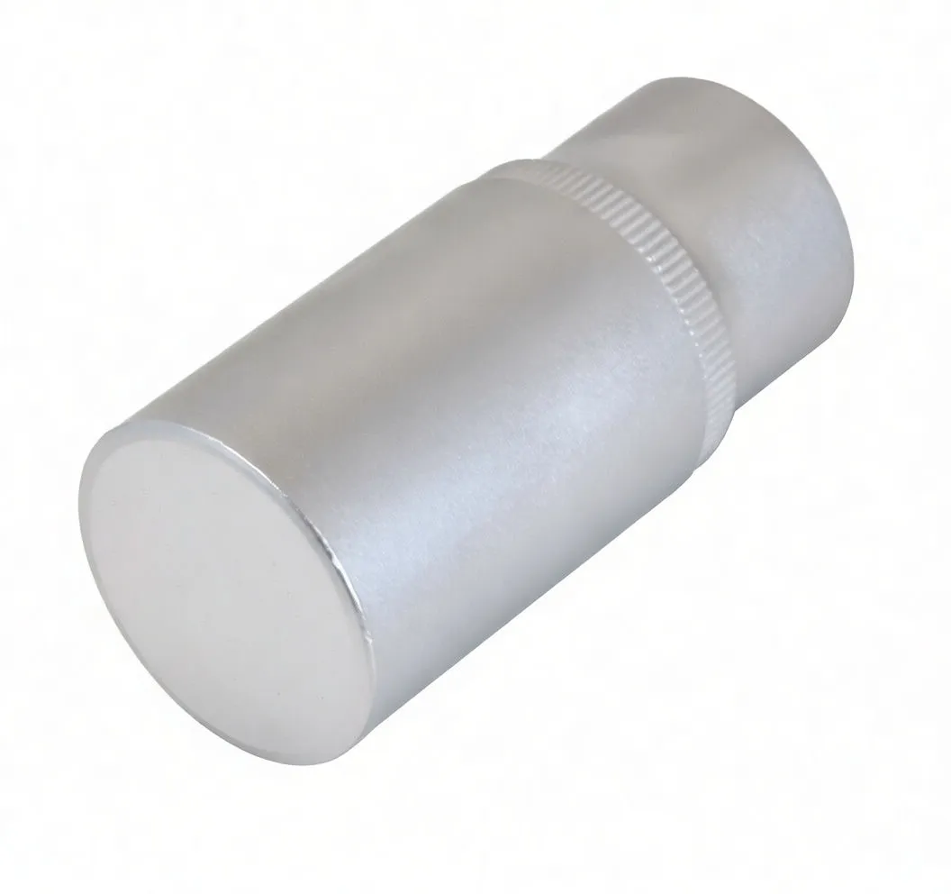 Top-down view of a long 6-point socket showing internal hex shape, knurled band and brand marking