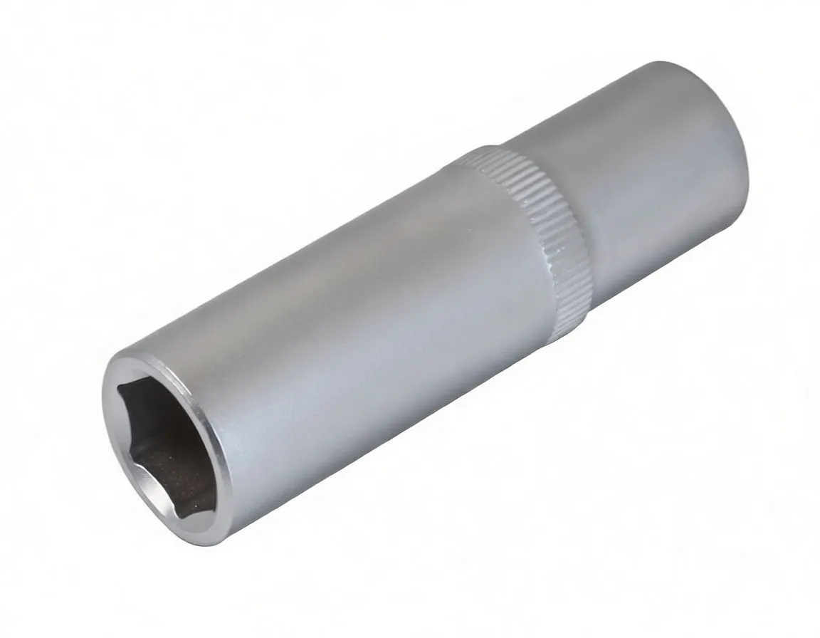 Top-down view of a long 6-point socket showing the hex cavity, knurled band and embossed logo on the upright cylindrical body.