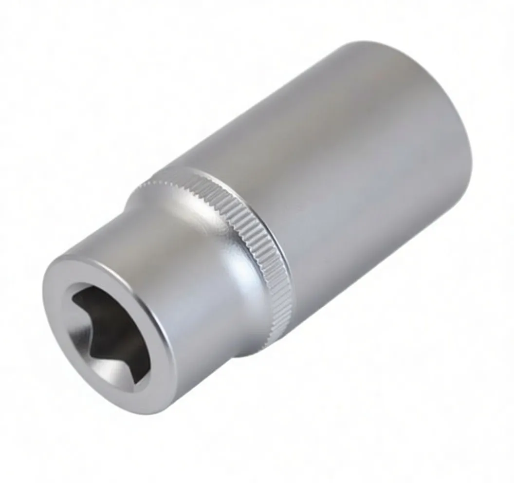 Socket viewed from the drive end showing square 3/8" female drive, knurled band and an embossed marking on the body