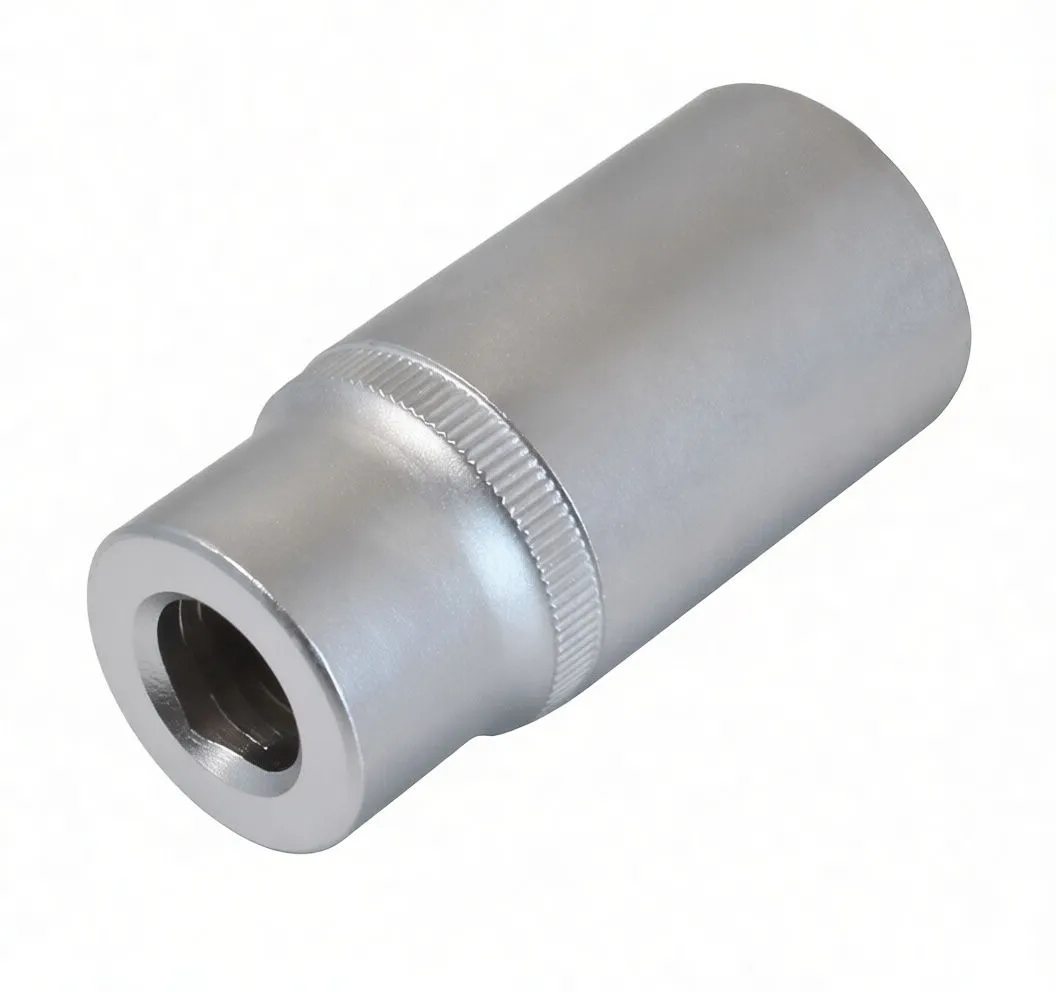 Socket showing square drive recess, embossed brand marking and knurled grip