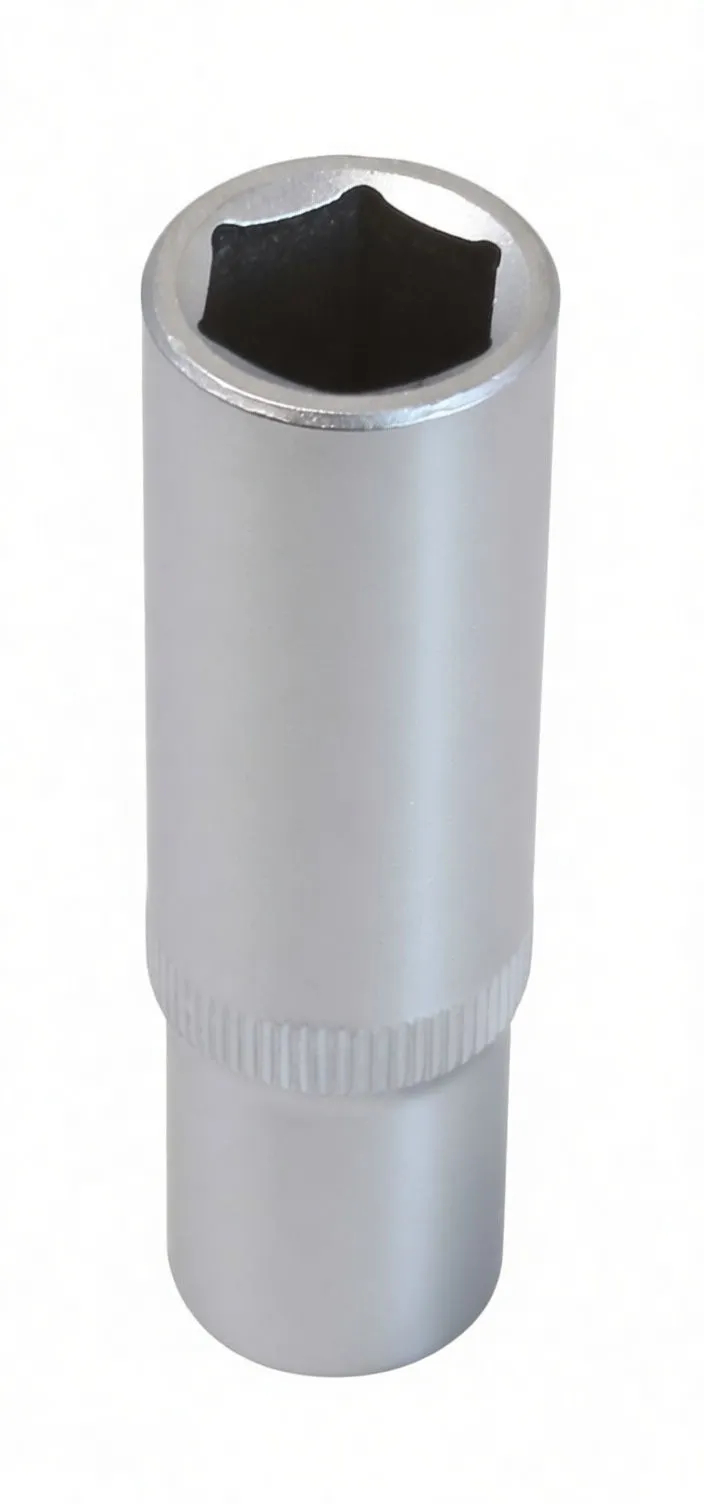 Top-down vertical view of a long 6-point deep socket showing hex opening and knurled mid-band
