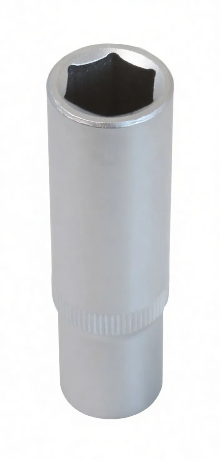 Long silver socket showing square 3/8 inch drive recess and knurled mid band