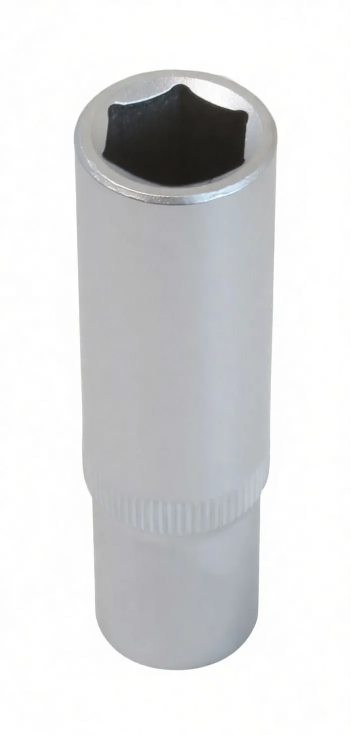 Vertical view of a long 6-point deep socket with knurled band and embossed logo