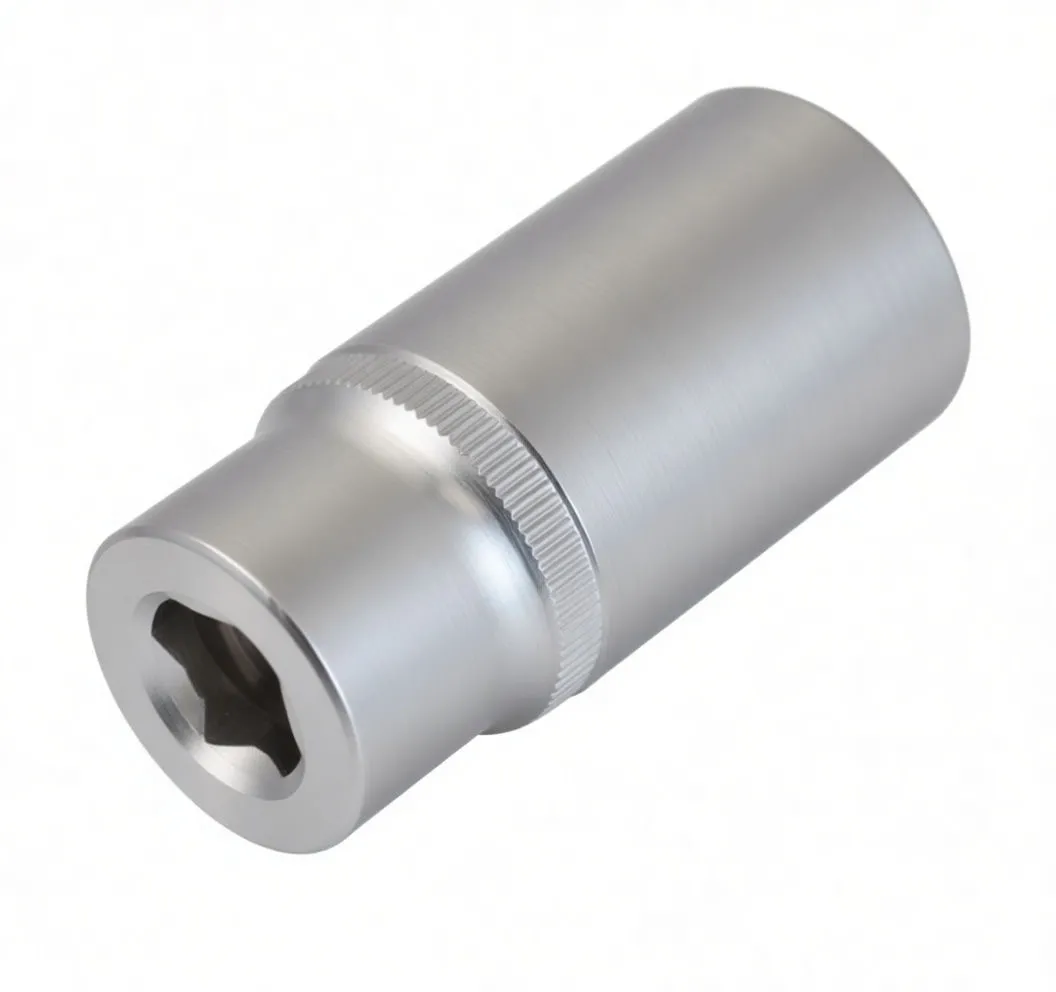 Socket showing square drive recess, knurled ring and embossed marking on silver body