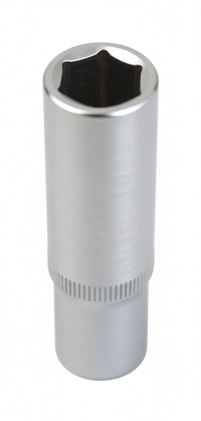 Angled perspective of long socket showing square drive recess and 6-point hex opening with knurled grip band.
