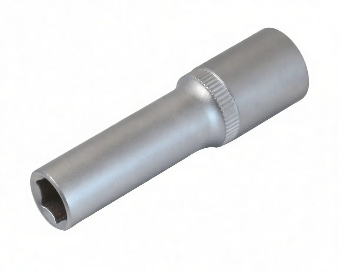 Top-down view of a long 6-point socket showing interior profile, knurled ring and brand marking