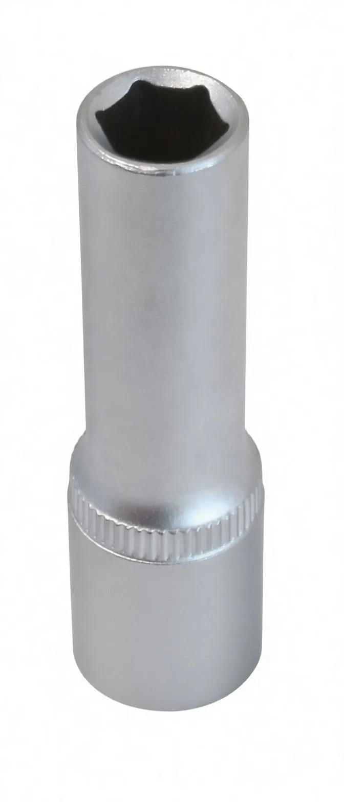 Side perspective of long socket showing embossed logo, knurled ring and 6-point recess