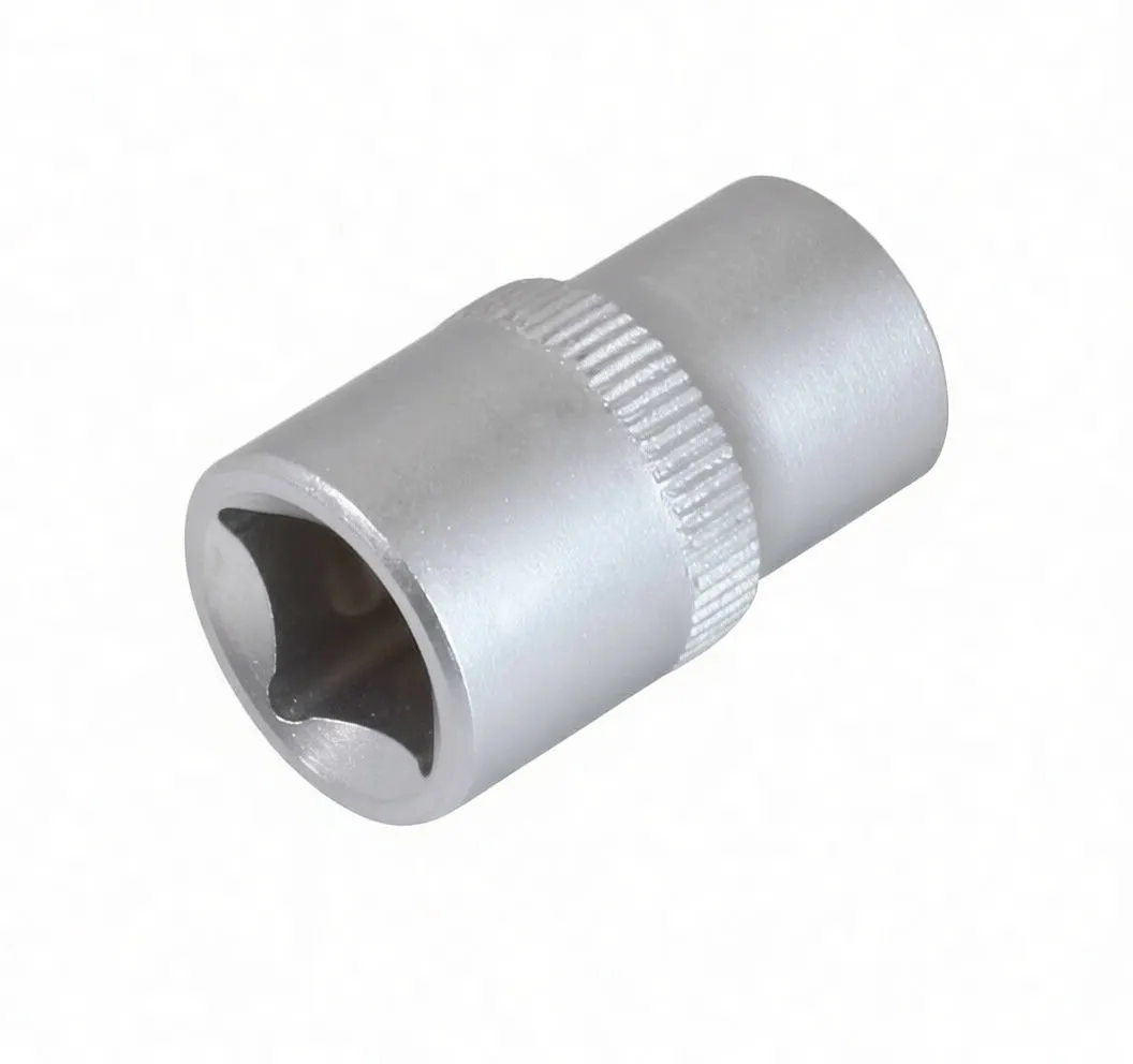 Top view into 6‑point hex cavity of short socket showing knurled band and embossed brand mark