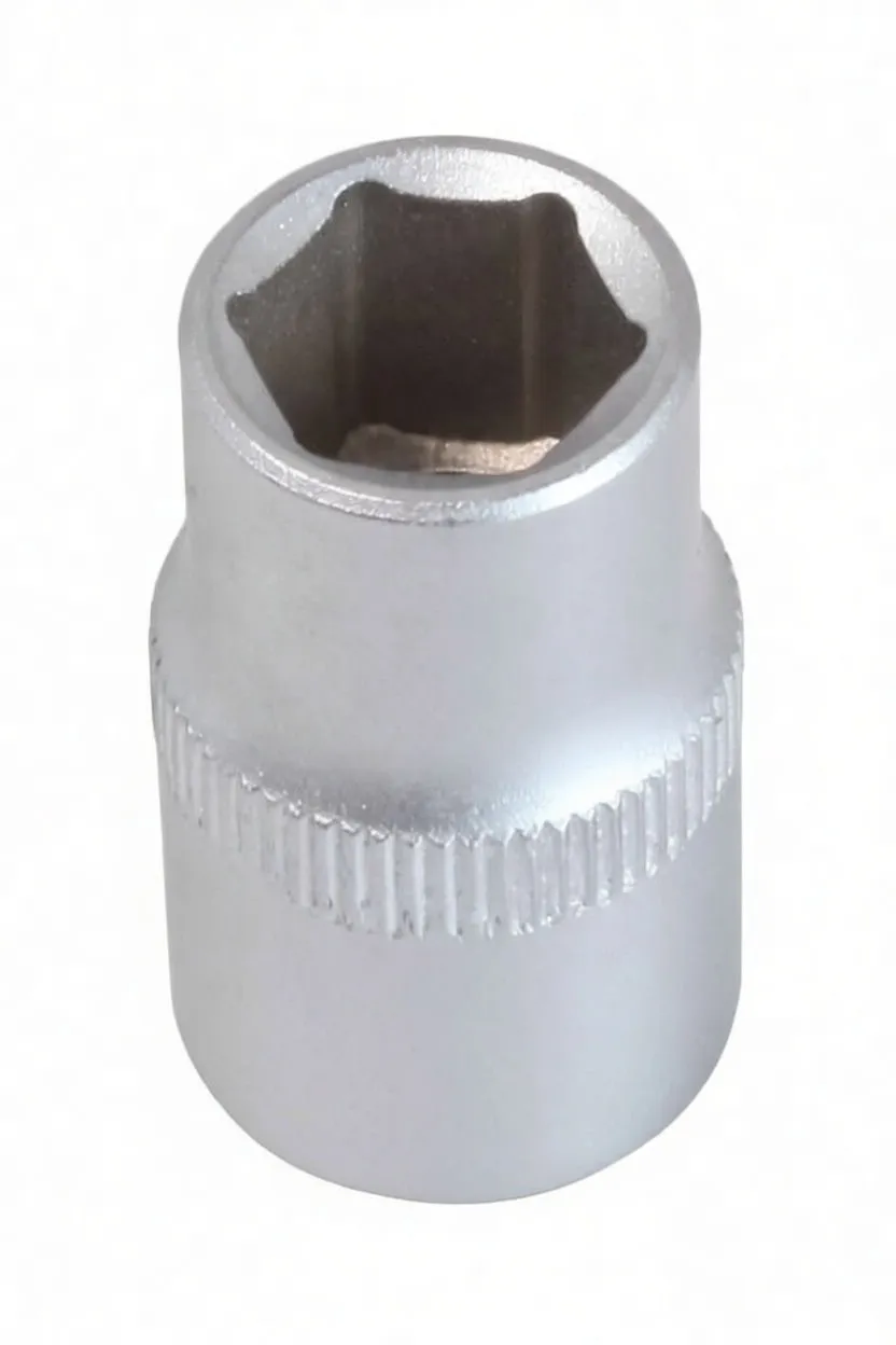 Top-down view into the 6-point hex opening of a short satin-finish socket with knurled band