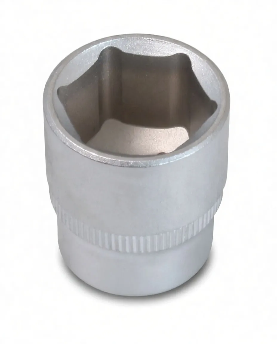 View of socket's square female drive end with detent hole, knurled band and side logo