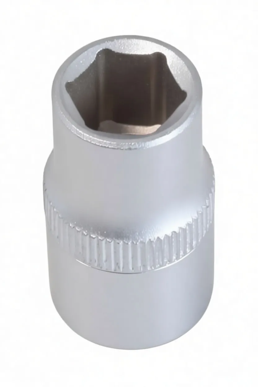 Top view of silver 6-point short socket showing interior hex shape, knurled band and embossed markings